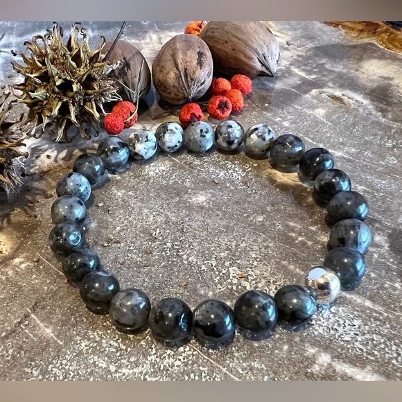 Men .925 Silver Grey Larvikite Bracelet Sesame Kiwi Jasper Gemstone Stretch 19cm - Picture 1 of 3